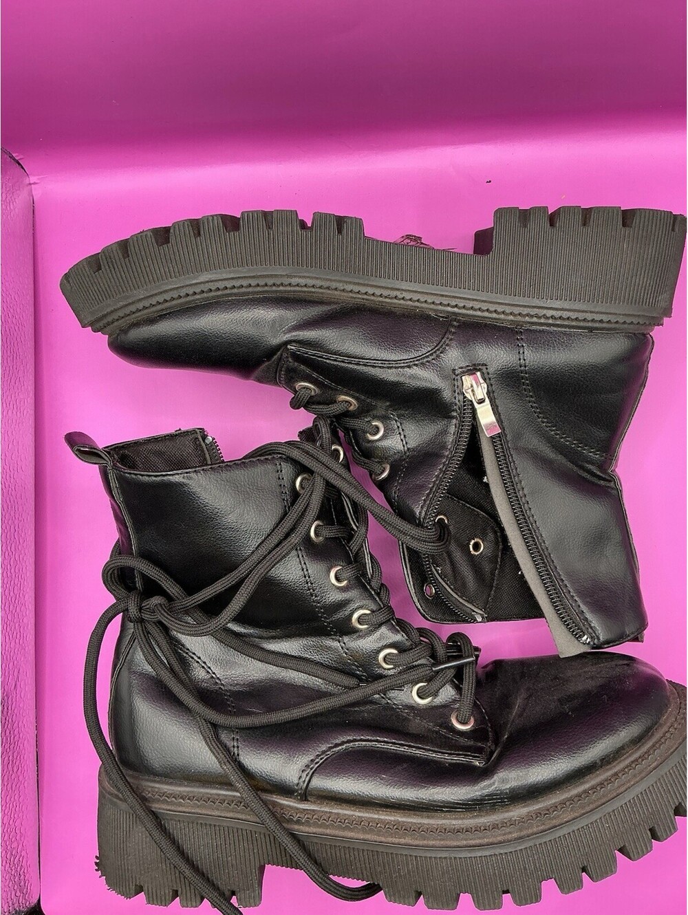 Black Lace-Up Combat Boots with Side Zipper Size 37